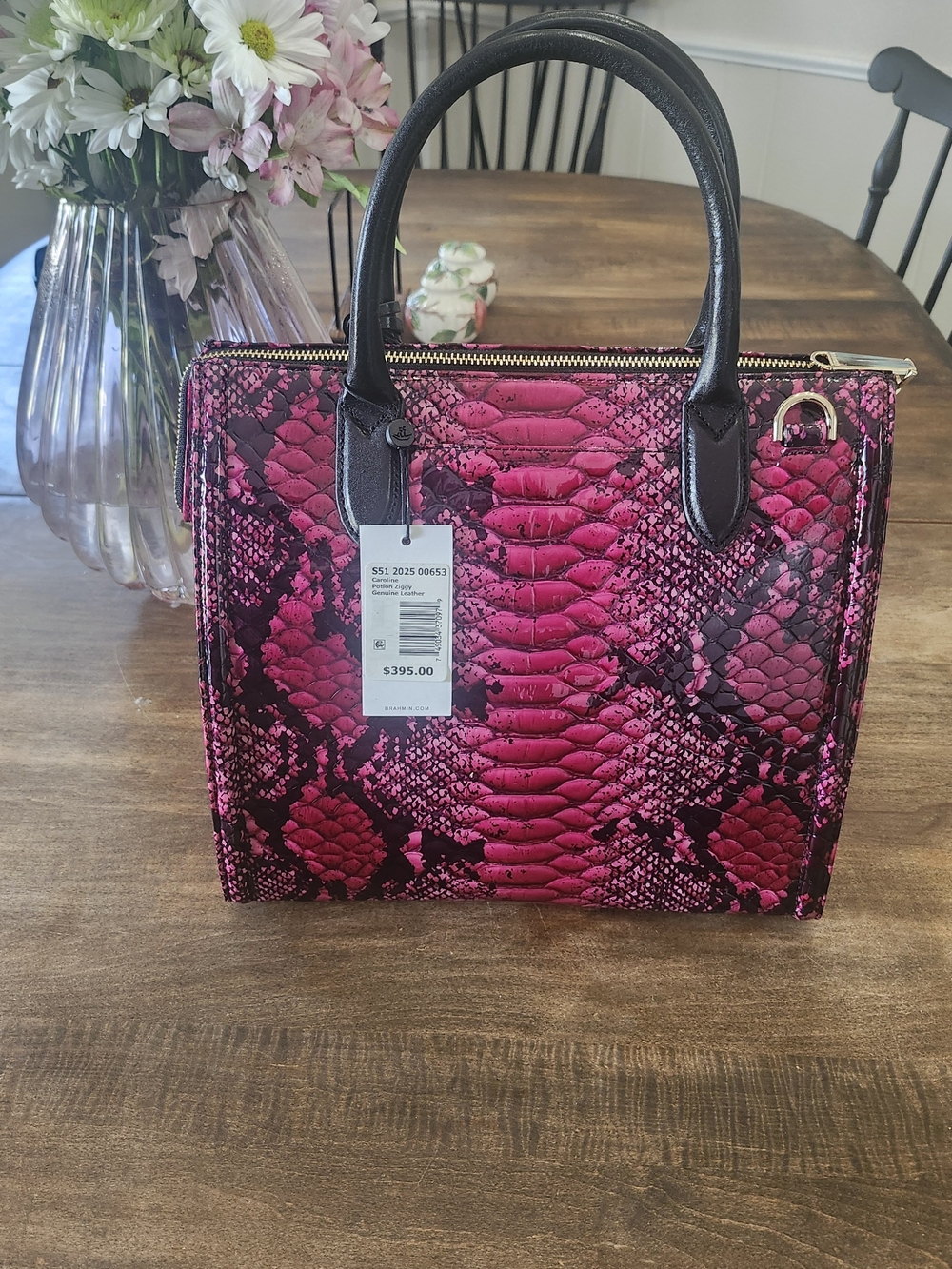 Bright Pink Snake-Print Tote Handbag by Brahmin Brand - Picture 2 of 10